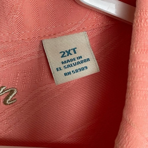 Caribbean Peach Etched Palms  B&T Men's 2XT Camp Button Down Short Sleeve Shirt - Picture 3 of 8